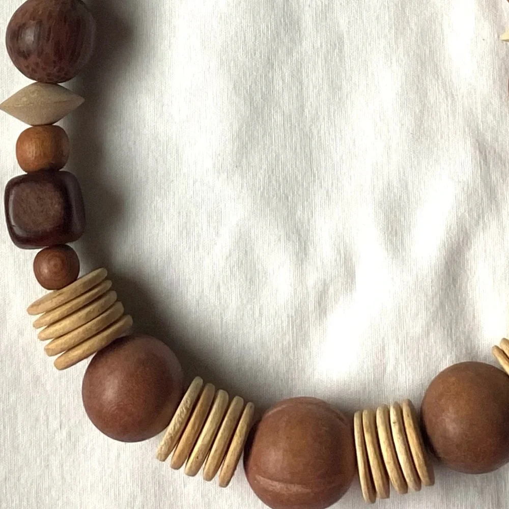 Statement Chunky Wood And Coconut Shell Bead Necklace Bohemian Tribal Brown